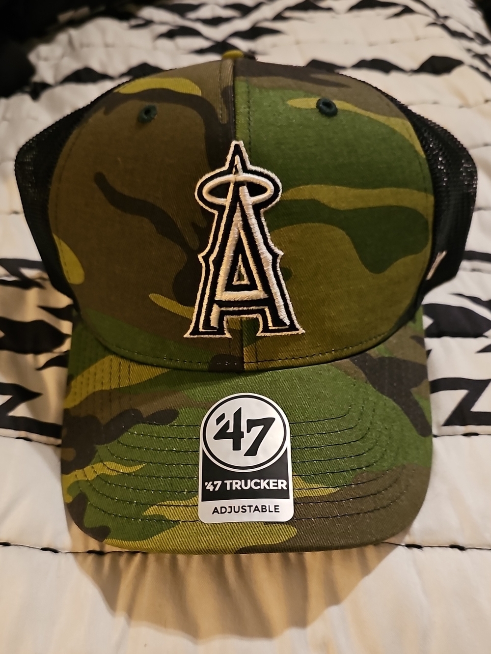 47 Camo Trucker Hat with Black and White 'Angels' Logo